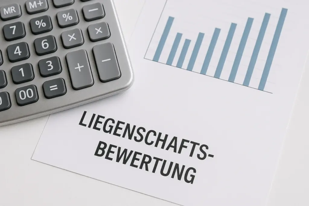 Diagramm, Taschenrechner und Unterlage mit Aufschrift „Liegenschaftsbewertung“ – Immobilienwert ermitteln mit Lick & Partner