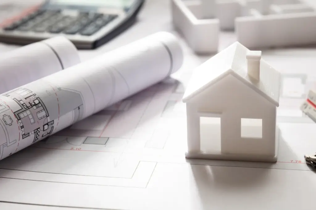 Hausmodell, Grundrisspläne und Taschenrechner – symbolische Darstellung für fundierte Immobilienberatung mit Lick & Partner