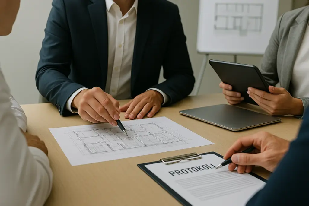 Professionelles Gespräch über Gebäudeverwaltung mit Plänen, Protokoll und Tablet – Lick & Partner Immobilien